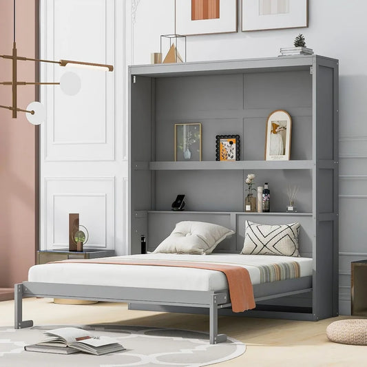 Merax Queen Size Murphy Bed Wood Queen Murphy Cabinet Bed with Shelves Wall Bed for Home Office or Small Room Gray