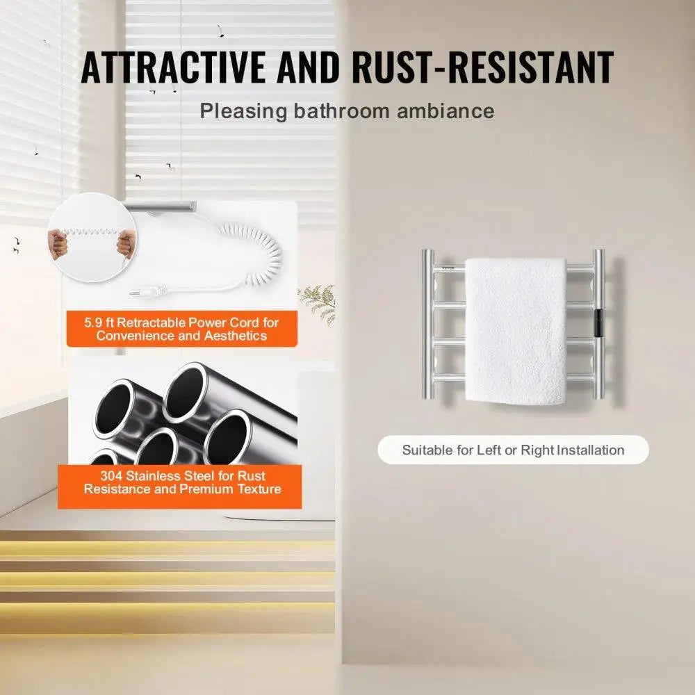 Heated Towel Rack Wall Mounted 4 Bars Metal Silver for Bathroom Efficiency