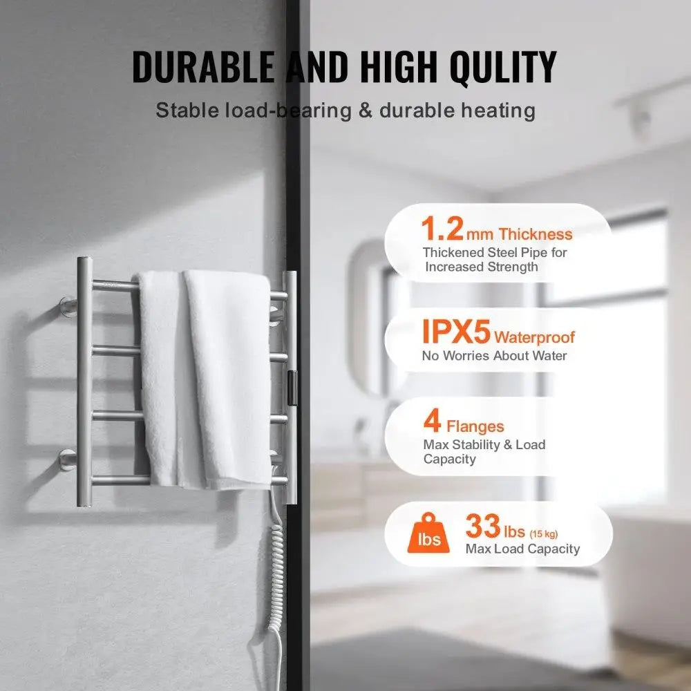 Heated Towel Rack Wall Mounted 4 Bars Metal Silver for Bathroom Efficiency