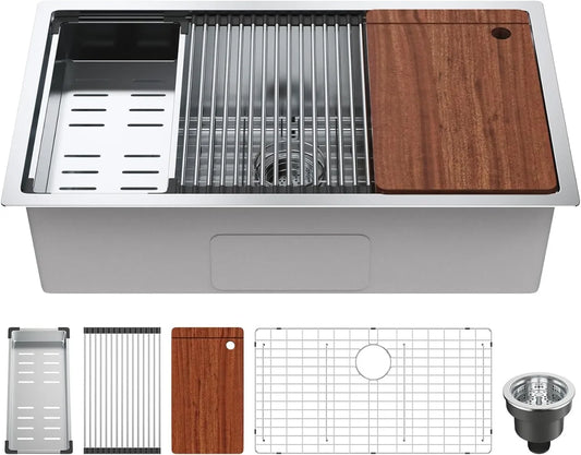 304 Stainless Steel Drop In Kitchen Sink Undermount Single Bowl Basin with Ledge Prep Kitchen and Bar Sink