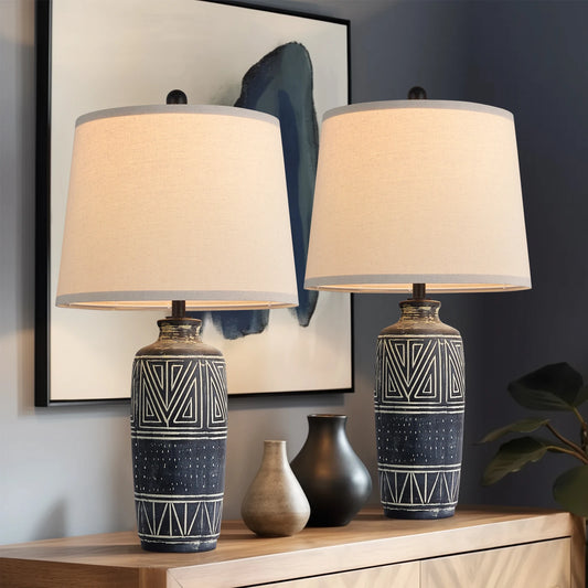 STANBOW Geometric Ceramic Table Lamp With Linen Shade