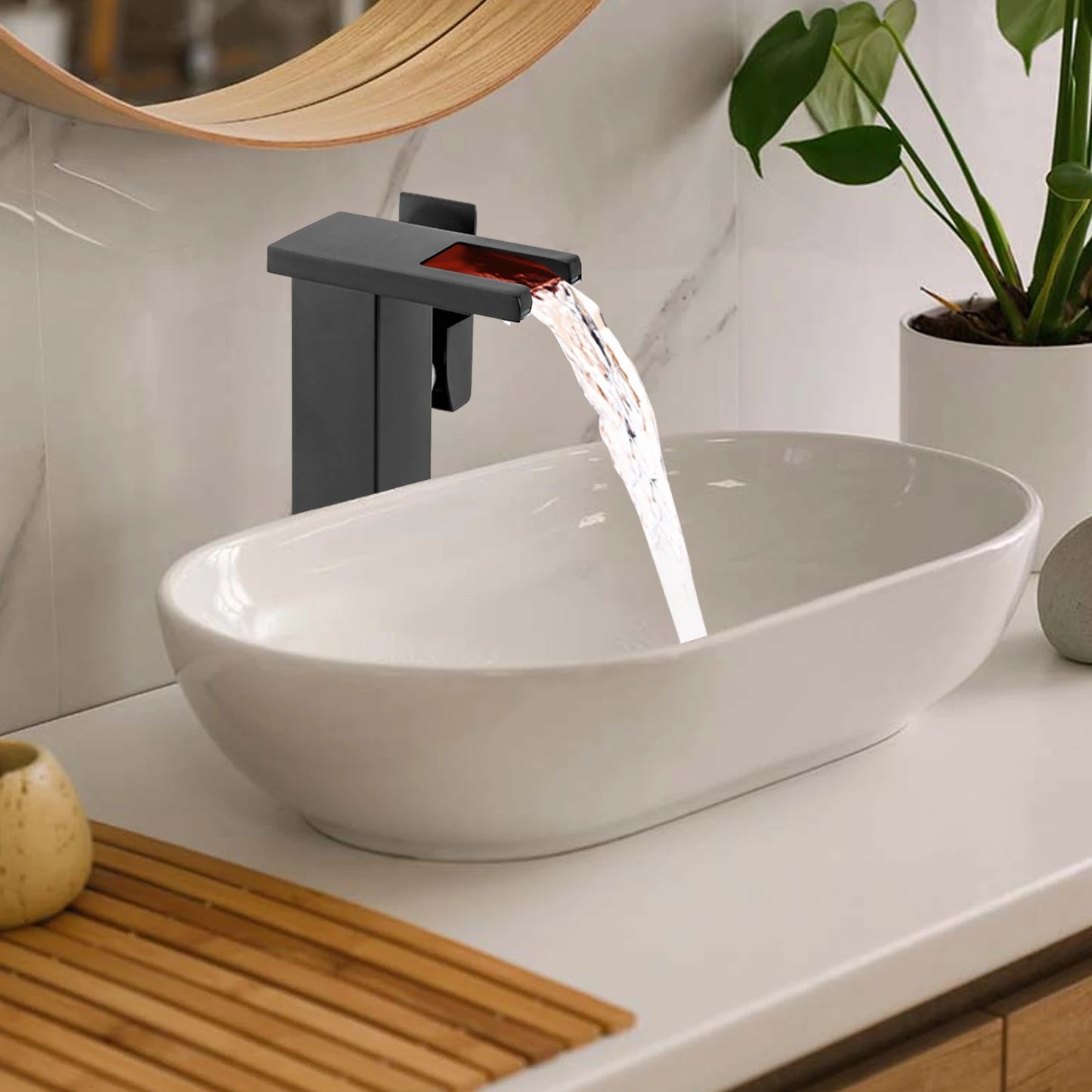 Black Bathroom Vessel Faucet Led Light 3 Color Changing Waterfall Single Handle Bowl Sink Faucet with Hose