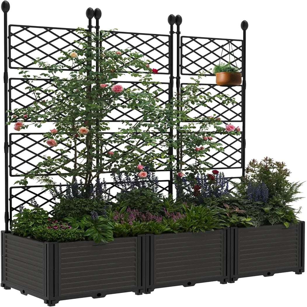 Plastic Plant Box with Metal Trellis Raised Garden Bed for Climbing Plants Outdoor Privacy Screen Planter
