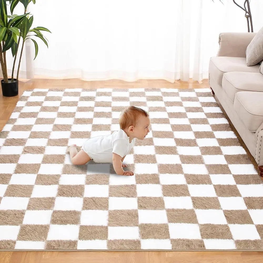 Super Soft 5X7 Ft Beige And White Area Rug Classic Checkered Shaggy Rug Anti Skid High Pile Fluffy For Bedroom