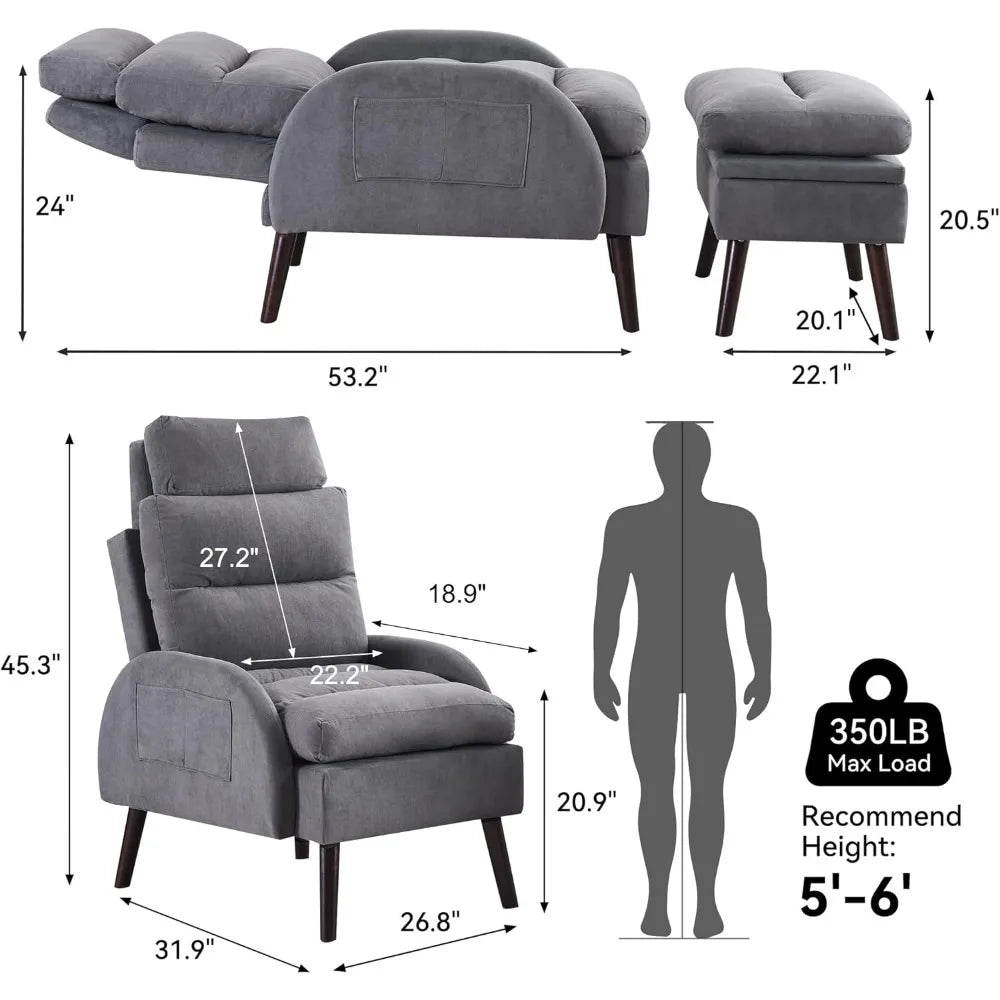 ZHUXIANG Velvet Accent Chair With Ottoman And Adjustable Backrest