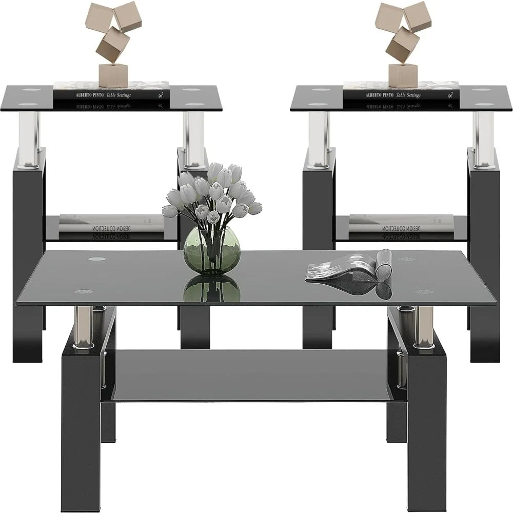Glass Coffee Table 3-Piece Set With Metal Frames End Tables
