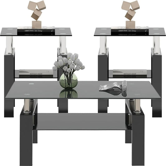 Glass Coffee Table 3-Piece Set With Metal Frames End Tables