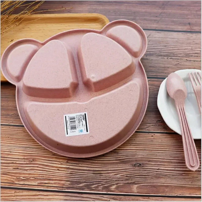 3 Piece Set Wheat Straw Tableware Cartoon Bear Kids Dinnerware Set Baby Plates Forks and Spoons