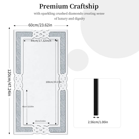 90 100 120CM Large Crystal Crush Diamond Mirror Vanity Silver Decorative Wall Hang Mirror for Bedroom Hallway Living Room