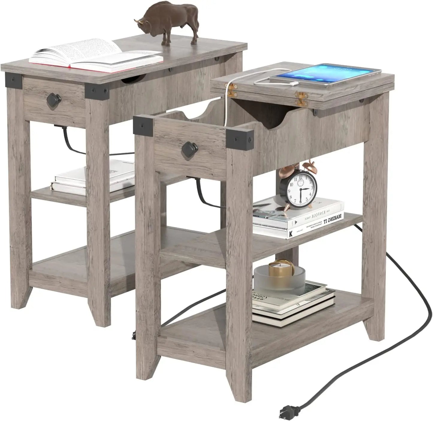 Vabches Set Of 2 End Tables With Charging Station Storage