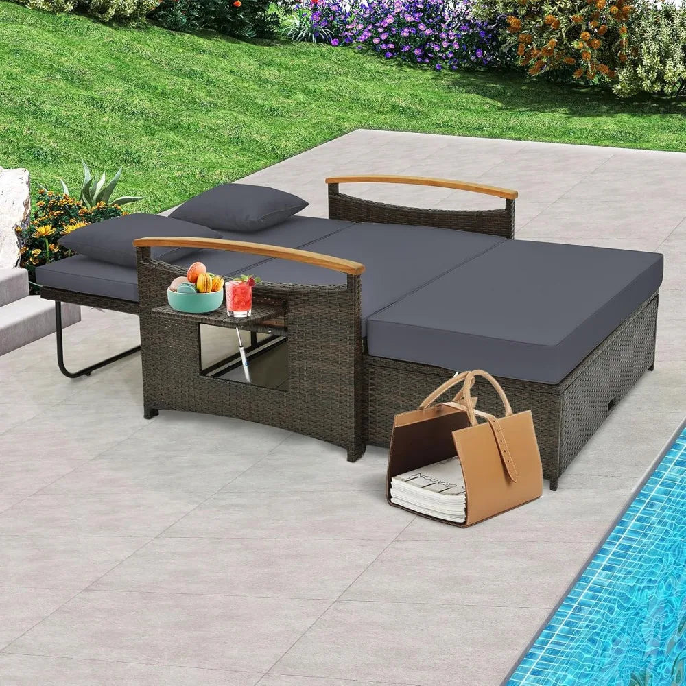 Patio Rattan Daybed Set with Cushioned Loveseat and Storage Ottoman Outdoor Double Chaise Lounger with Adjustable Back