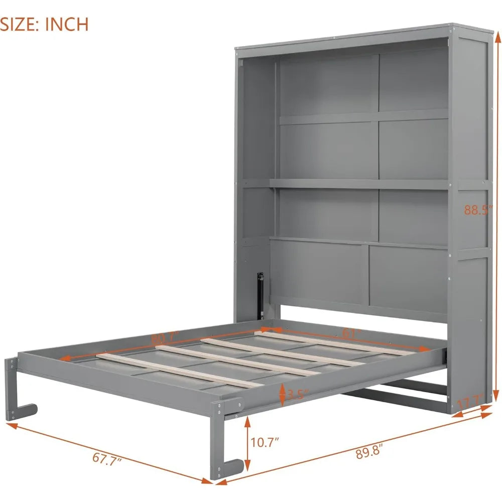 Merax Queen Size Murphy Bed Wood Queen Murphy Cabinet Bed with Shelves Wall Bed for Home Office or Small Room Gray