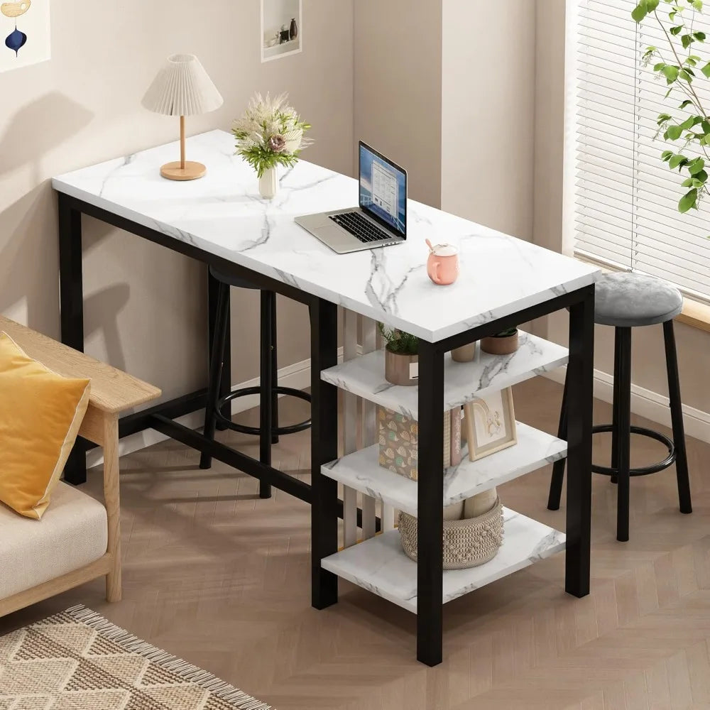 Bar Table Set with Storage Shelves, 47" Modern White Faux Marble Breakfast Table with 2 Velvet Stools, 3-Piece Dining Set for 2