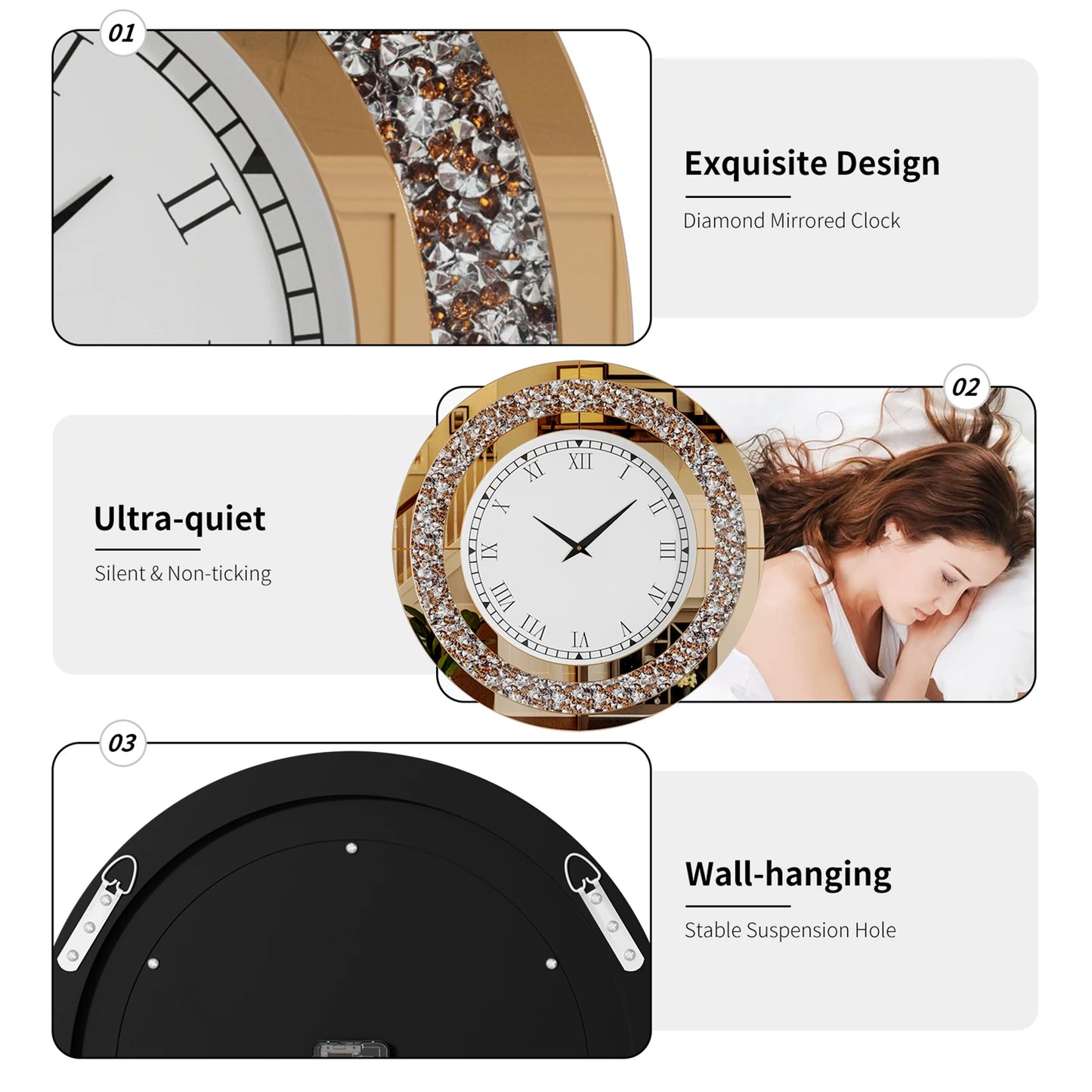Bling Silver Round Mirror Clock Glam Sparkle Wall Decor