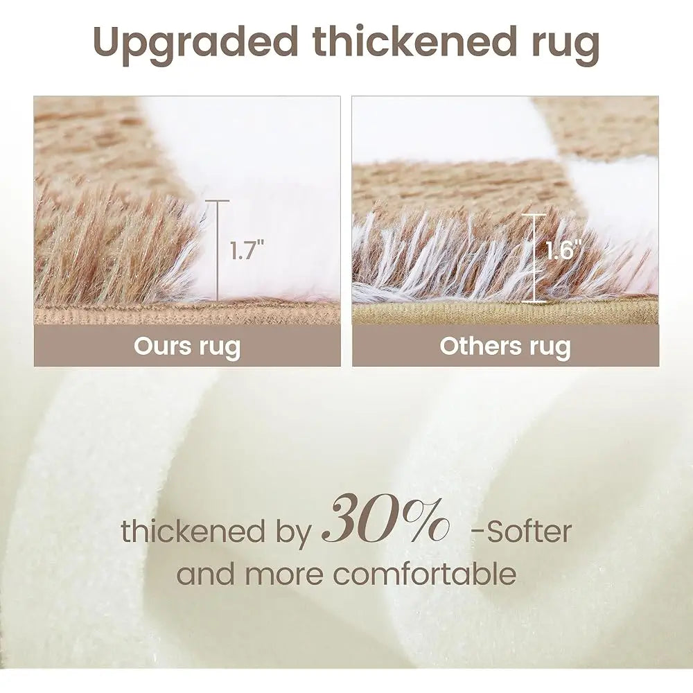 Super Soft 5X7 Ft Beige And White Area Rug Classic Checkered Shaggy Rug Anti Skid High Pile Fluffy For Bedroom