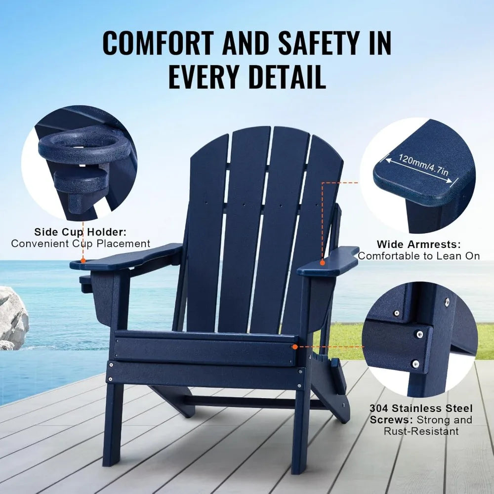 Folding Adirondack Chairs Set of 2 with Cup Holder All Weather Portable Plastic Fire Pit Chair Outdoor Adirondack Patio Chair