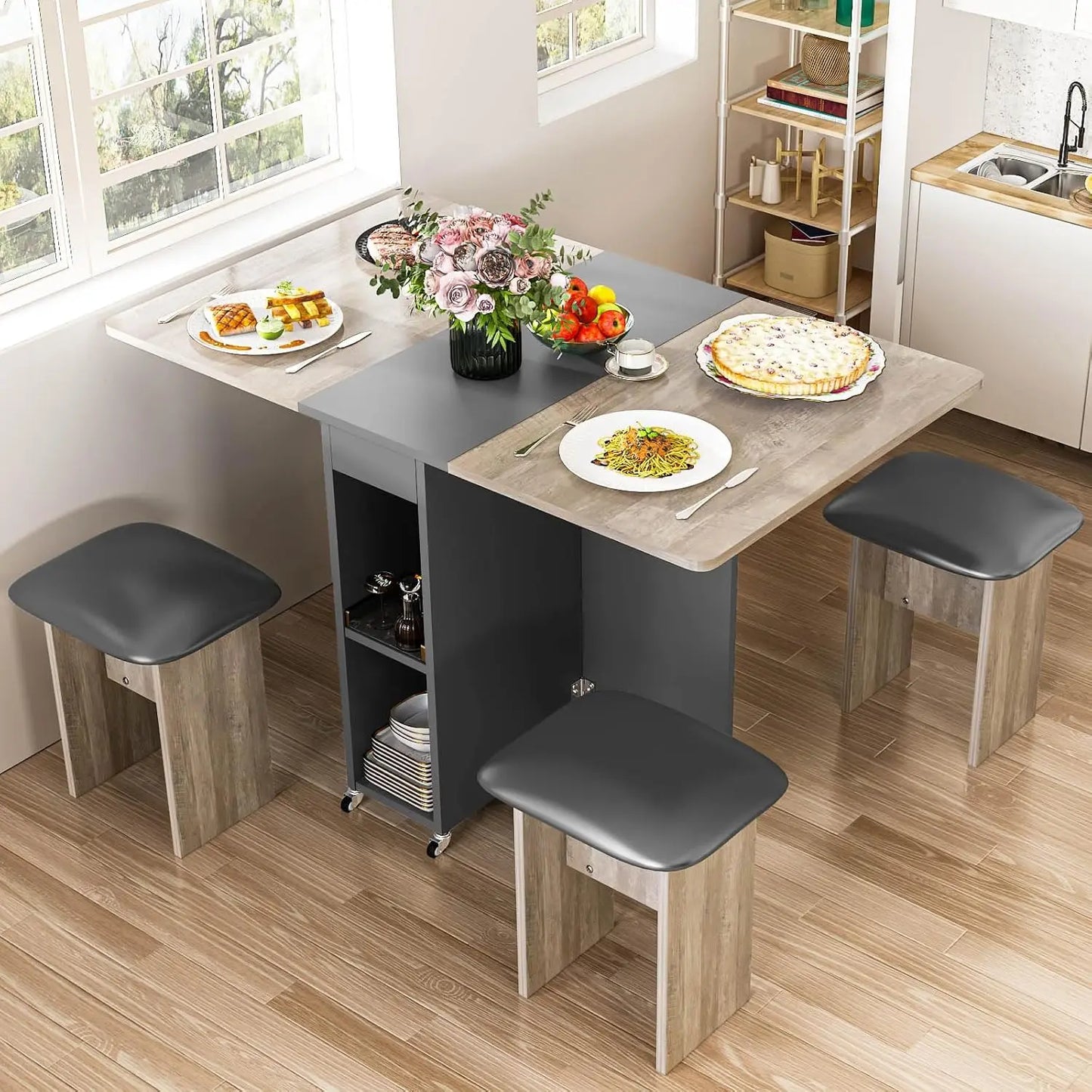 Folding Dining Table Set for 4 with 4 Leather Chairs
