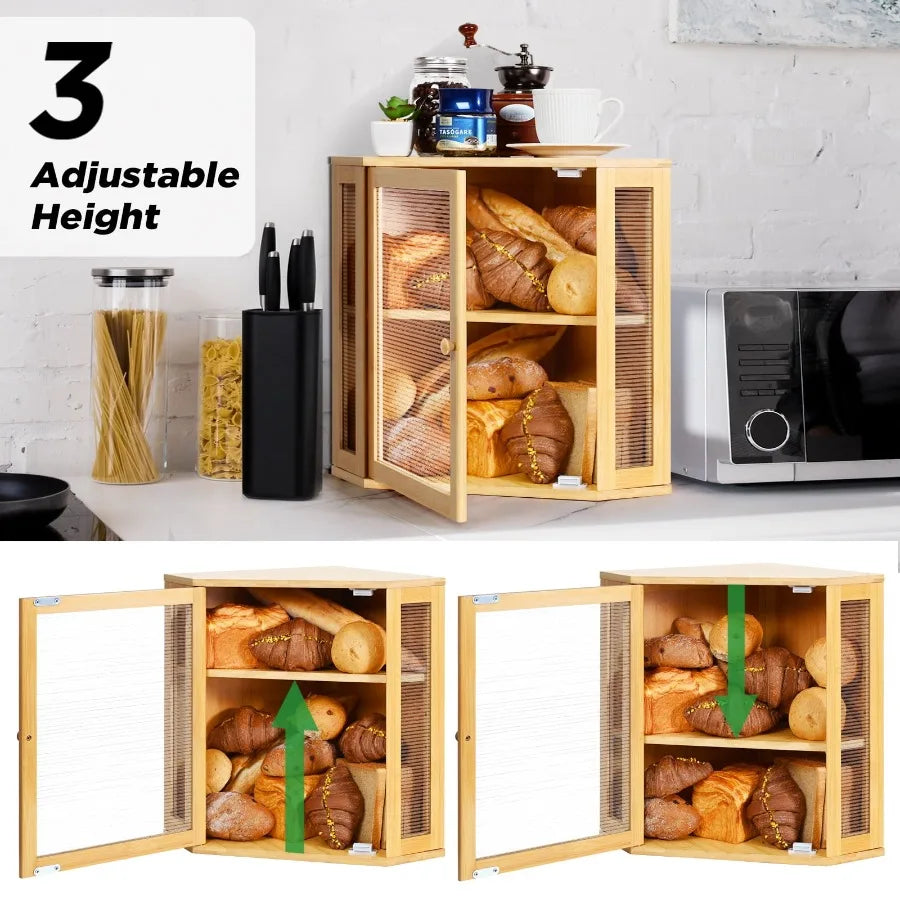 Hign-concerned Bamboo Bread Box 2 Tier Adjustable Height