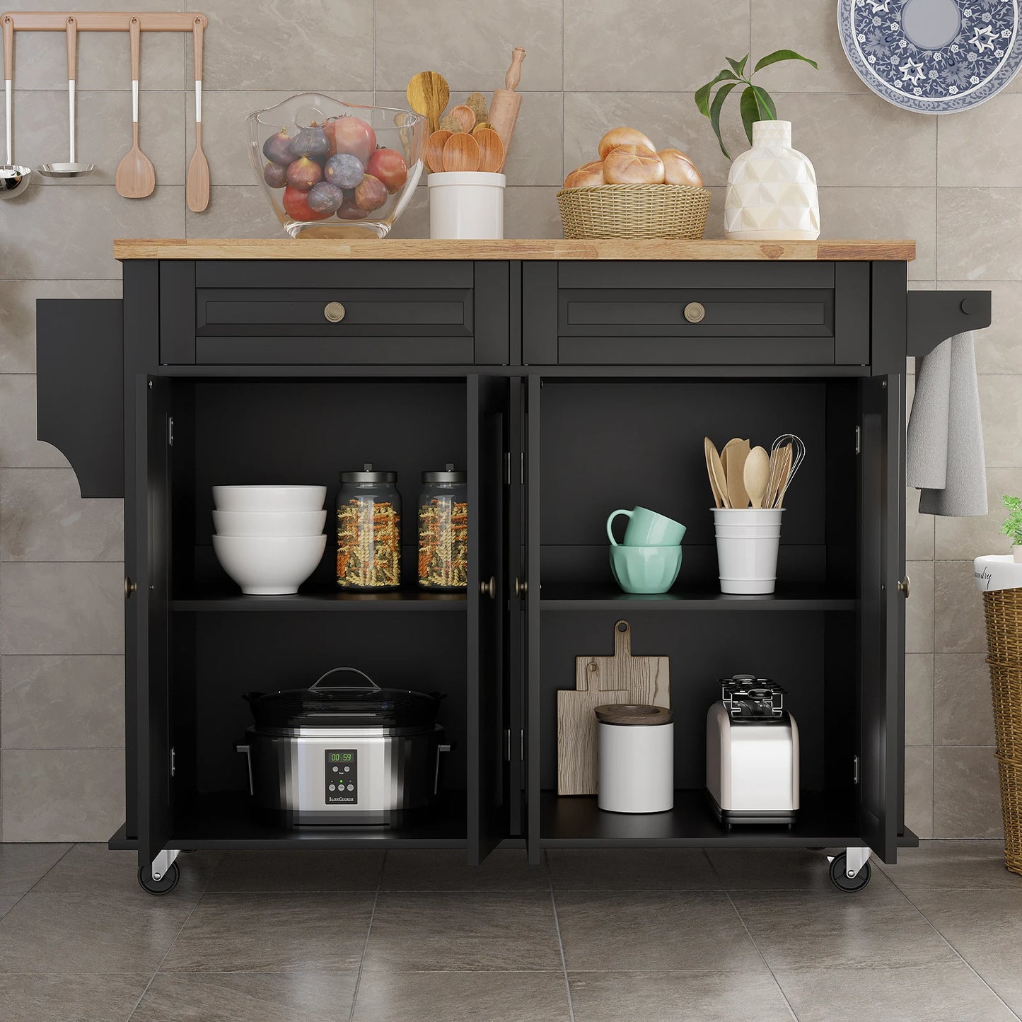 Rolling Kitchen Cart with Drop Leaf and Storage Cabinet
