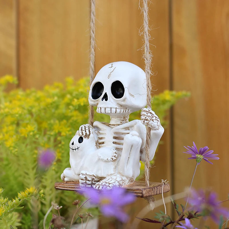 Liaoning Zhejiang Polyresin Halloween Swing Skull Holding Ghost GardenPatioDisplay Statue
