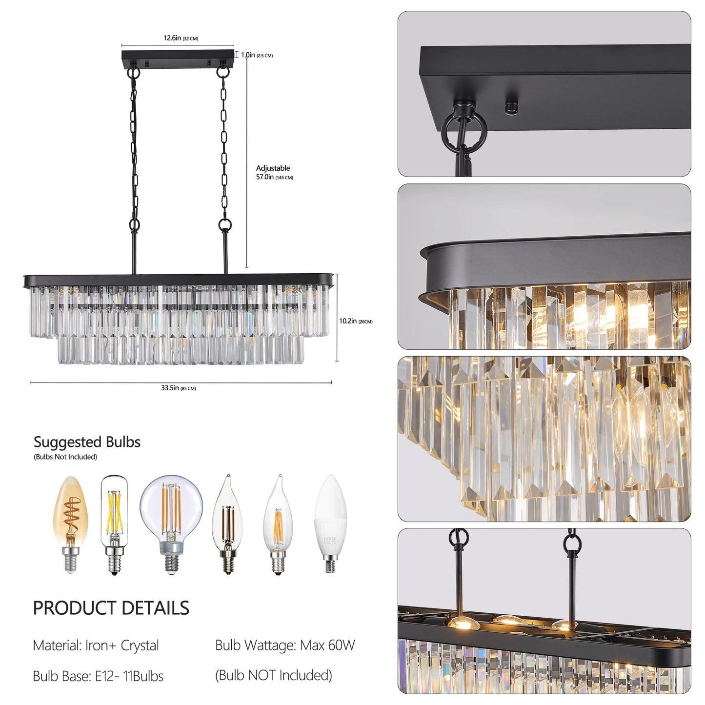 Chandeliers Rectangular Crystal Chandelier Adjustable E12 Lights