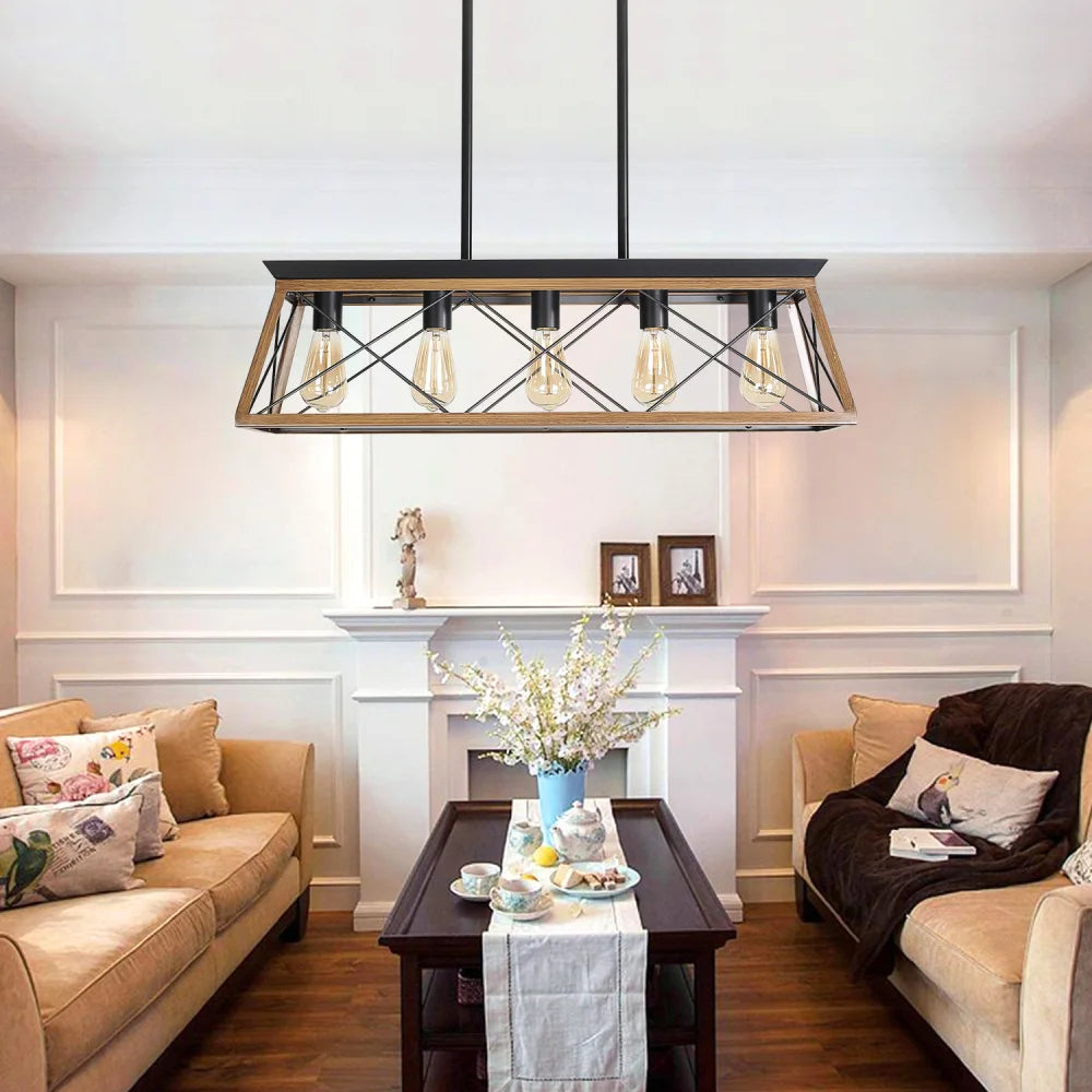 32" Walnut Industrial 5-Light Pendant Chandelier Adjustable Light