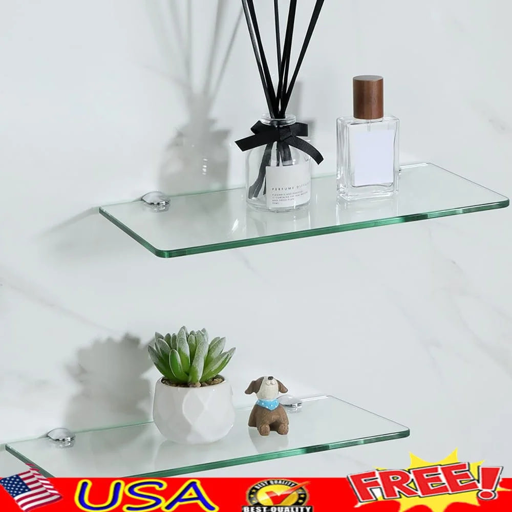 Tempered Glass Floating Shelves Set of 2 Modern Wall Storage for Bathroom Kitchen Living Room Office Space Saving Decor