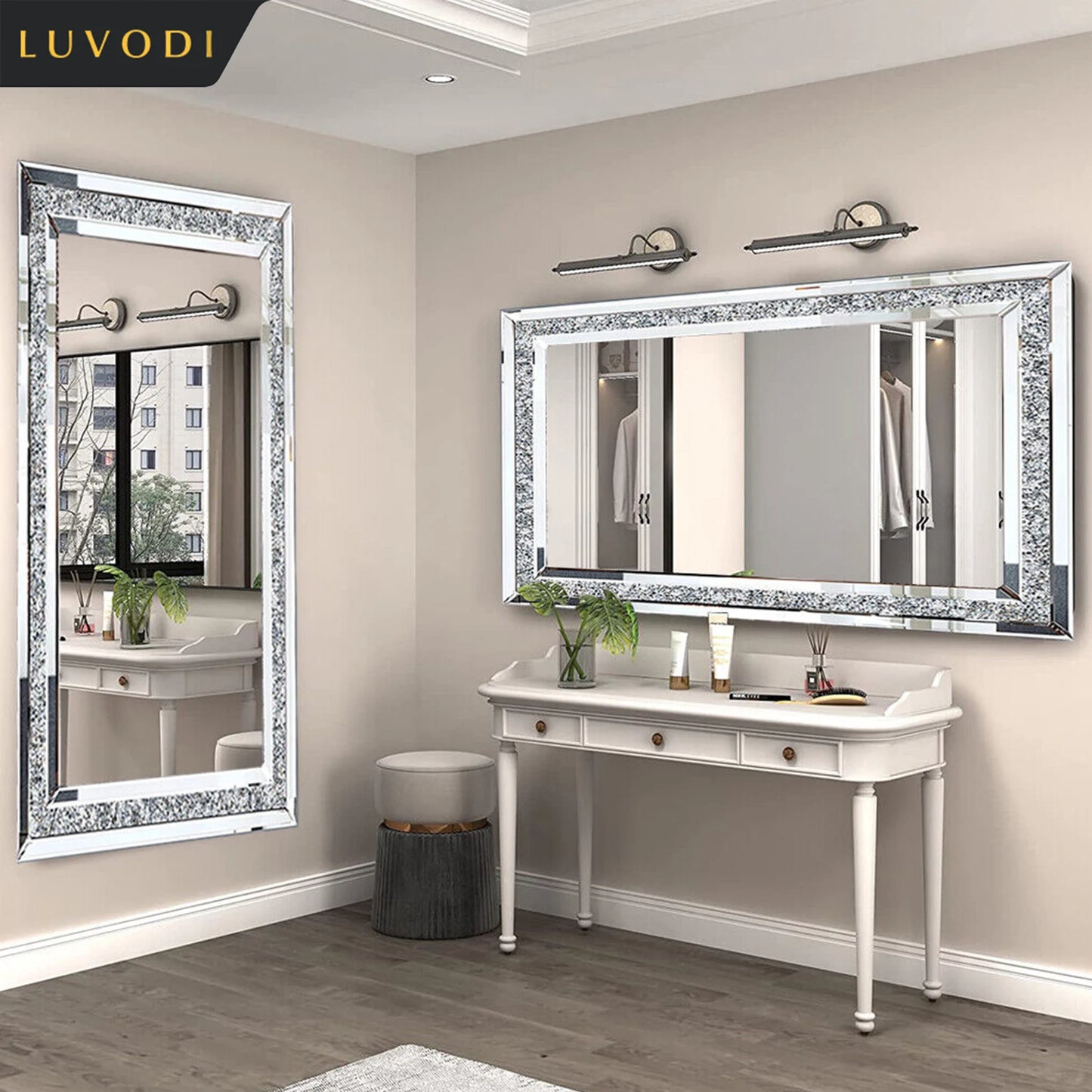LUVODI Crystal Rhinestone Vanity Frameless Mirror Wall Mounted Dressing Mirror