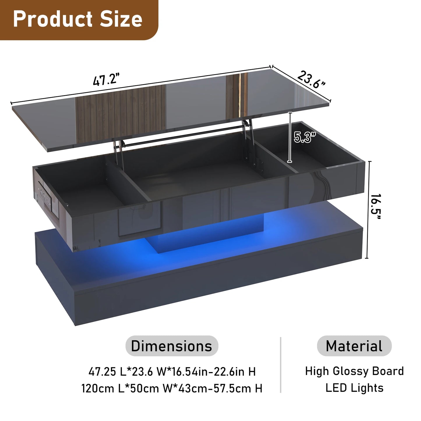 QiaoShiRen LED Coffee Table For Living Room With Storage