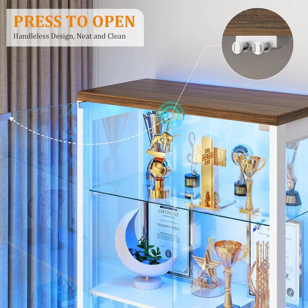 Display Cabinet with Glass Doors 67 Inch Adjustable Display Shelf 2 Drawers and 4 Tier Curio Cabinet Tall Bookcase with 3 Color Options