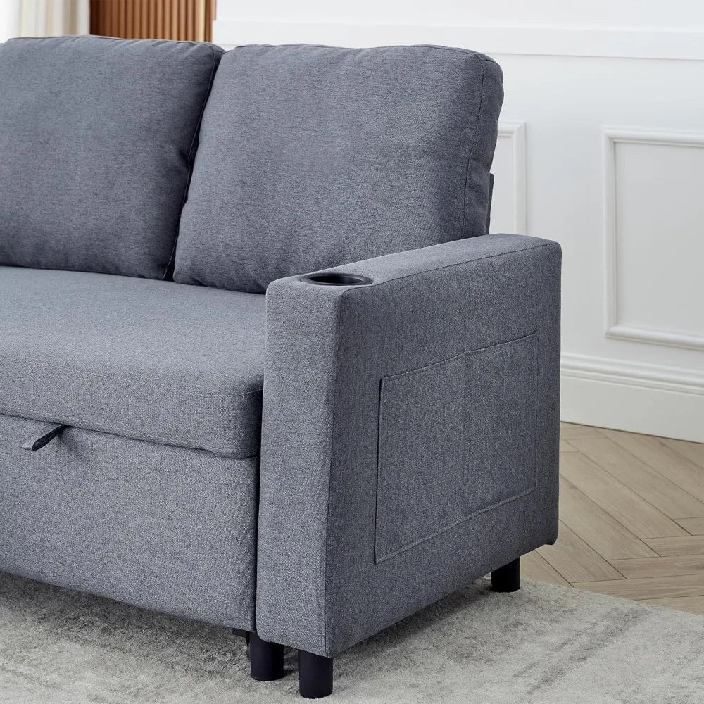 78.5 Inch Linen L Shaped Convertible Sofa Bed with Reversible Storage Chaise and Pull Out Sleeper Sofabed