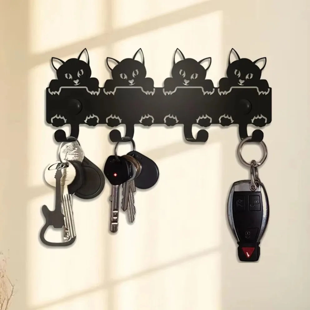 Decorative Black Metal Cats Key Rack Wall Mounted Key Holder Stylish Functional Entryway Storage