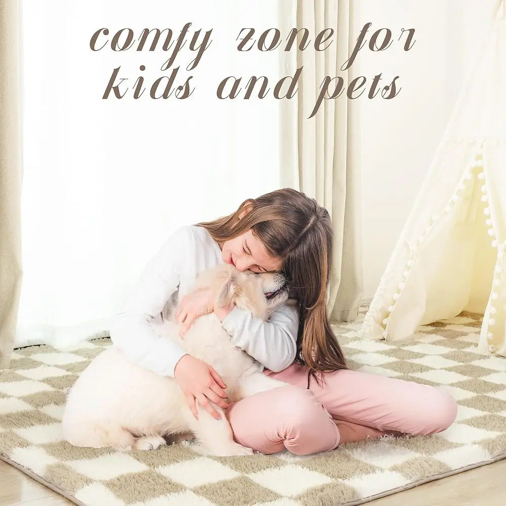 Super Soft 5X7 Ft Beige And White Area Rug Classic Checkered Shaggy Rug Anti Skid High Pile Fluffy For Bedroom