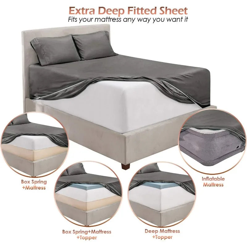 Extra Deep Pocket King Size Sheet Sets Fits Mattress 18 to 24 Inches 6 Piece Grey Sheets