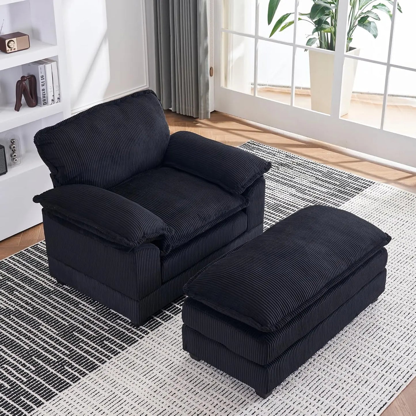 ZHUXIANG Corduroy Upholstered Chaise Lounge With Ottoman