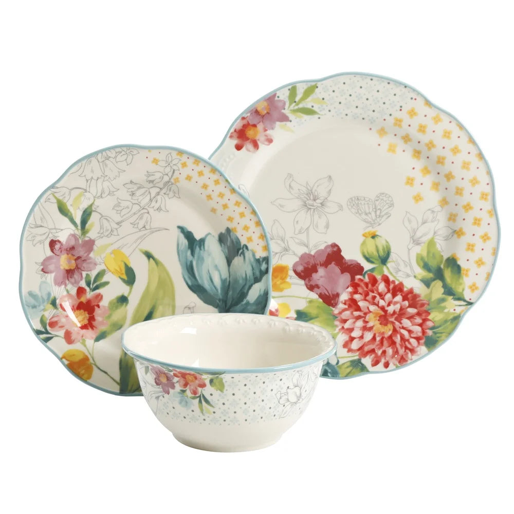Blooming Bouquet 12 Piece Dinnerware Set Stoneware Dishwasher Safe Colorful Floral Patterns Elegant