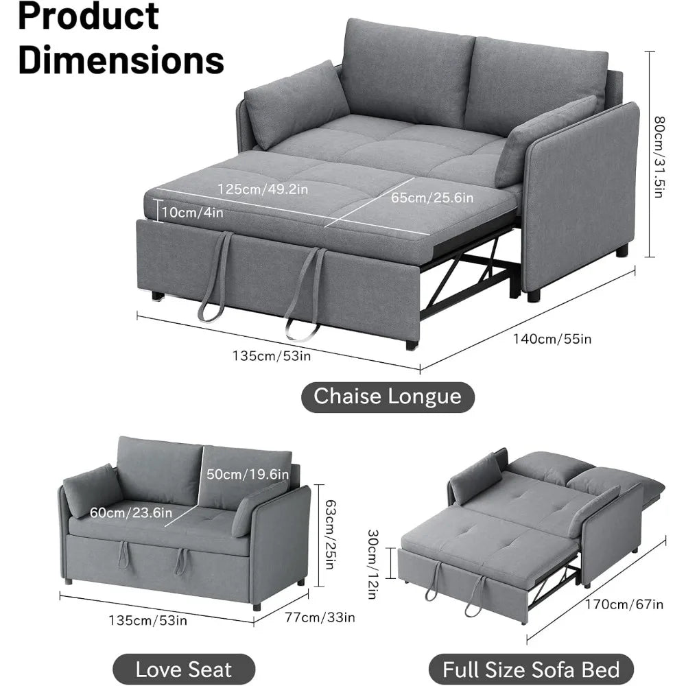 3 In 1 Convertible Sleeper Sofa Bed Pull Out Couch Futon Couches for Living Room with Adjustable Backrest and Disassemble Pillow