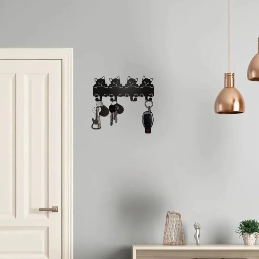 Decorative Black Metal Cats Key Rack Wall Mounted Key Holder Stylish Functional Entryway Storage