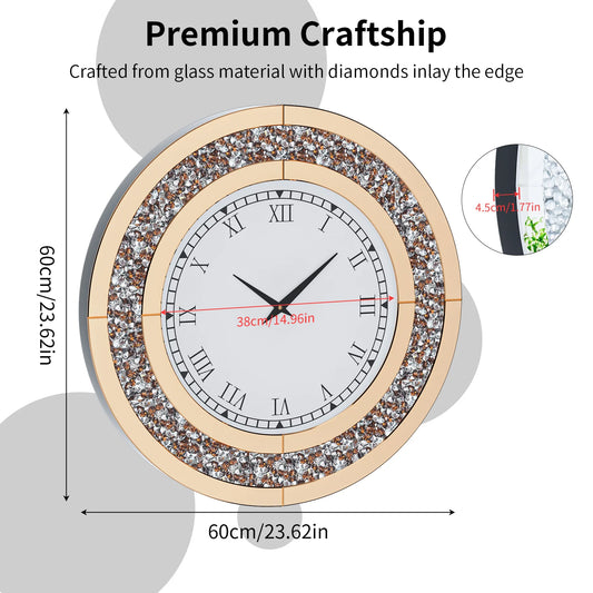Bling Silver Round Mirror Clock Glam Sparkle Wall Decor