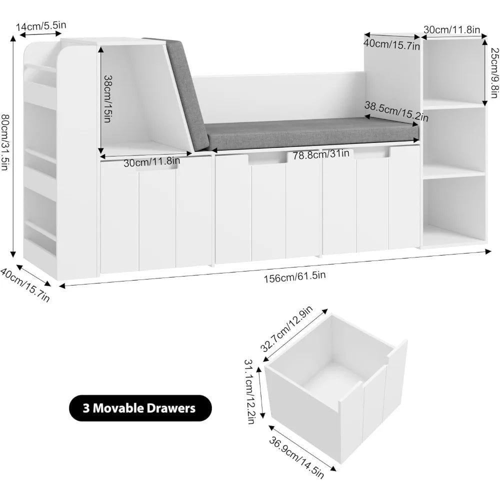 61.5" Kids Reading Nook with 3-Layer Bookshelf, Reading Nook for Kids with Double Bench and Rolling Drawers, Bookshelf and Toy S