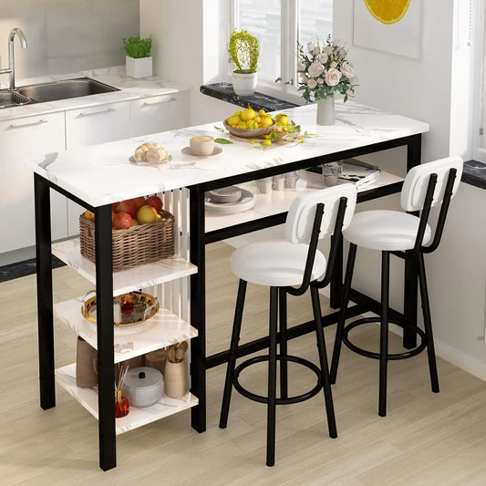 3 Piece Bar Table and Chairs Set Modern White Faux Marble Table with 2 PU Cushion Bar Stools and 3 Tier Storage Shelves Black Frame