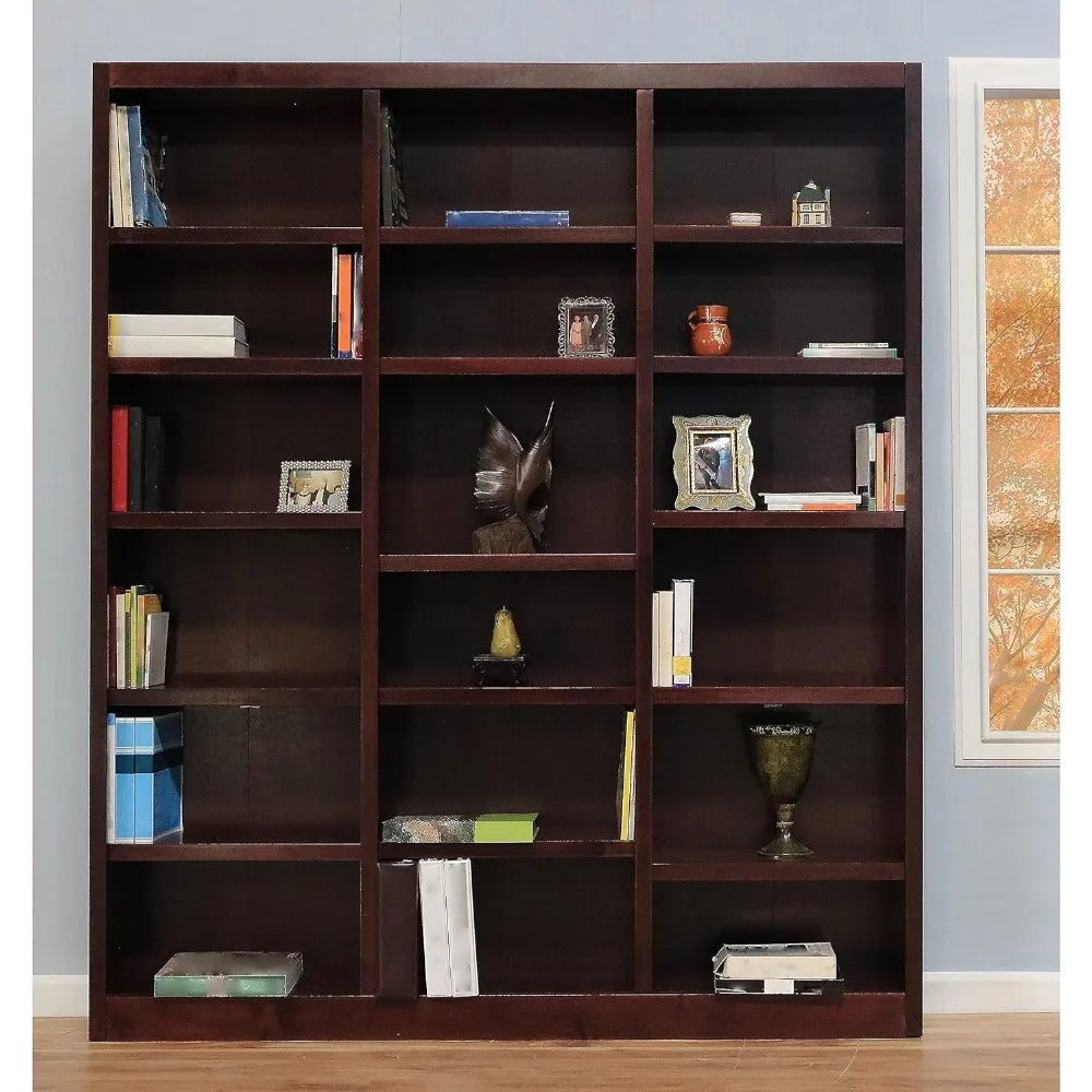 Traditional 84 Inch Tall 18 Shelf Triple Wide Wood Bookcase in Dry Oak