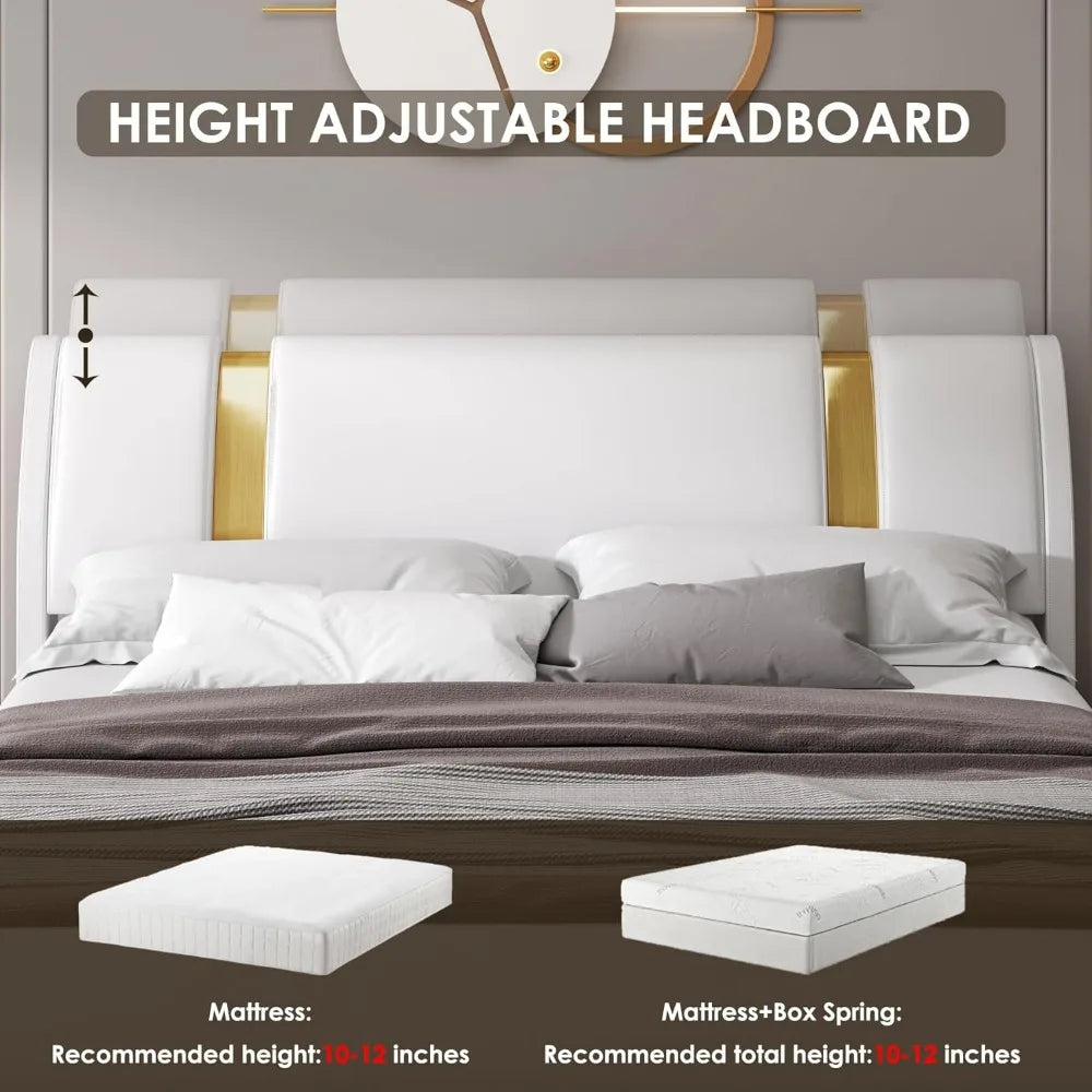 TTVIEW Modern Faux Leather Upholstered Platform Bed Frame with Golden Iron Metal Decor, Adjustable Curved Headboard, Wooden Slat