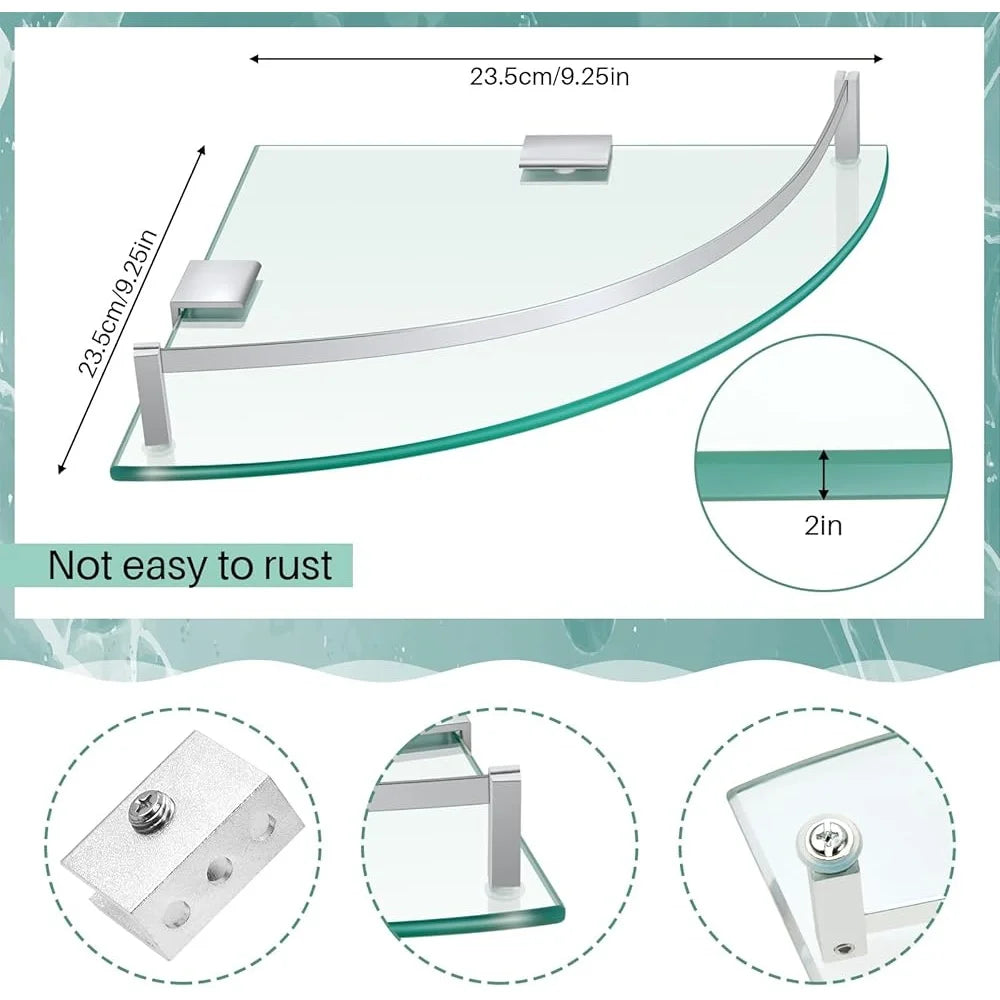 2 Pcs Glass Corner Shower Shelf Tempered Wall Mounted Floating Organizer Bathroom Storage Solution
