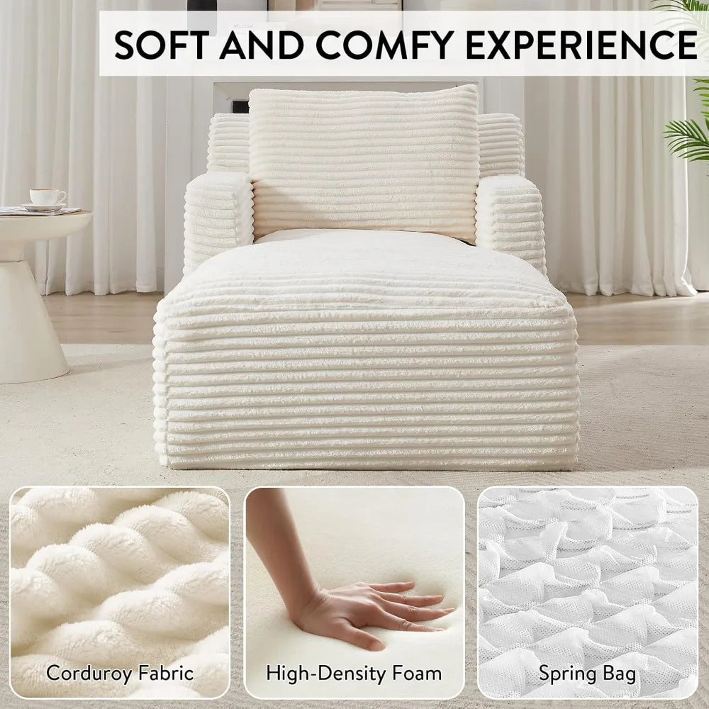 Chaise Lounge Chair Indoor, Upholstered Corduroy Single Lounge Sofa Couch, Comfy Reading Recliner Sleeper Sofa Chair Bed with A