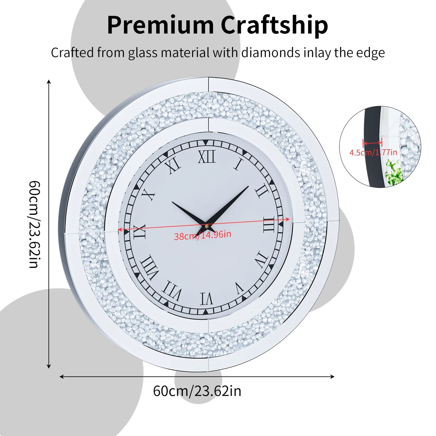 Bling Silver Round Mirror Clock Glam Sparkle Wall Decor