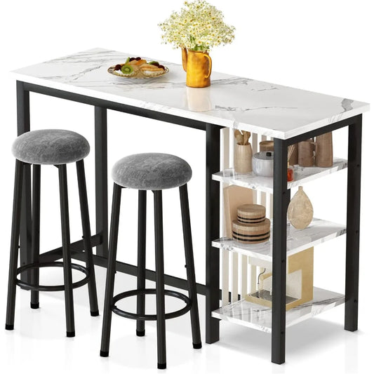 Bar Table Set with Storage Shelves, 47" Modern White Faux Marble Breakfast Table with 2 Velvet Stools, 3-Piece Dining Set for 2