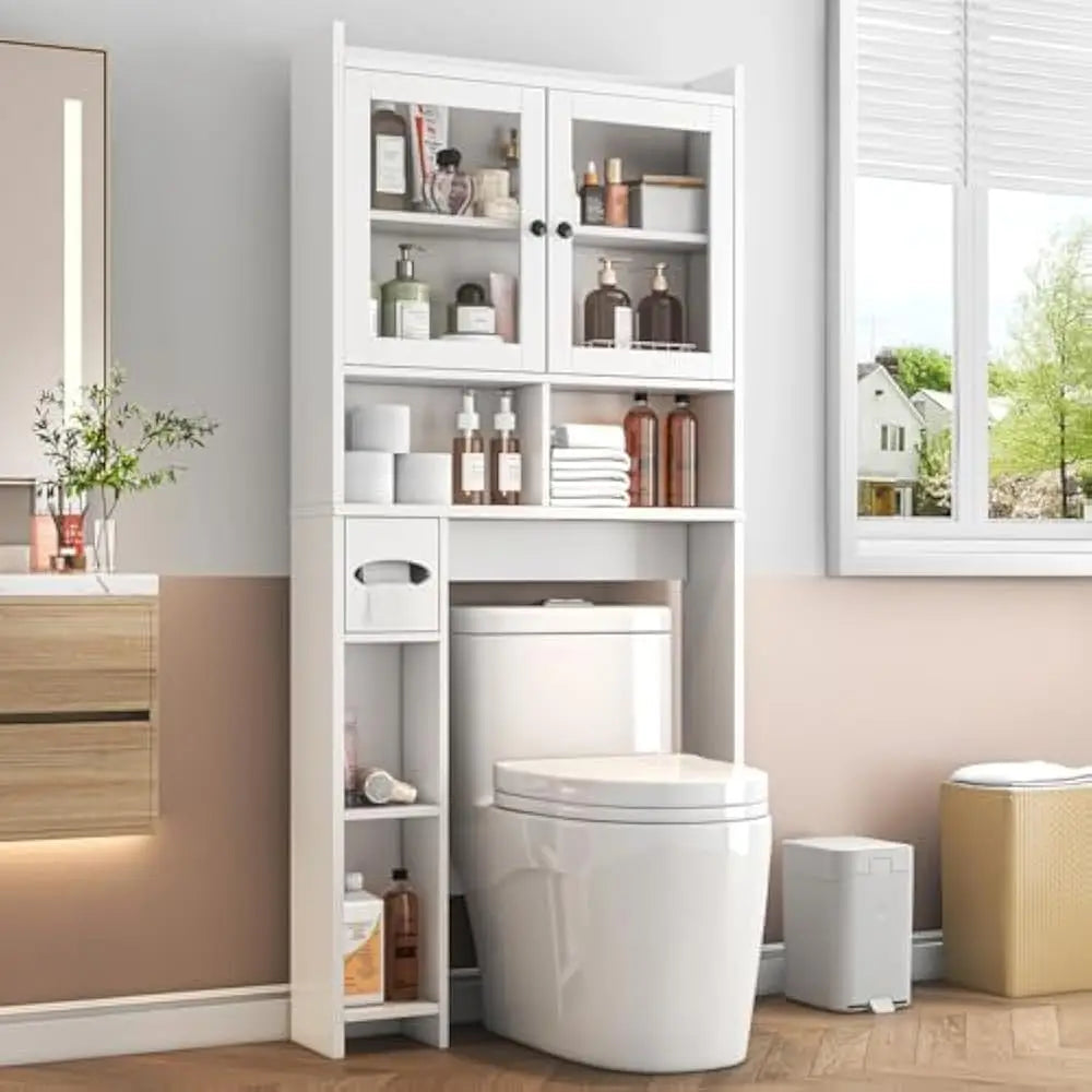 High Concerned Toilet Storage Cabinet With Clear Doors