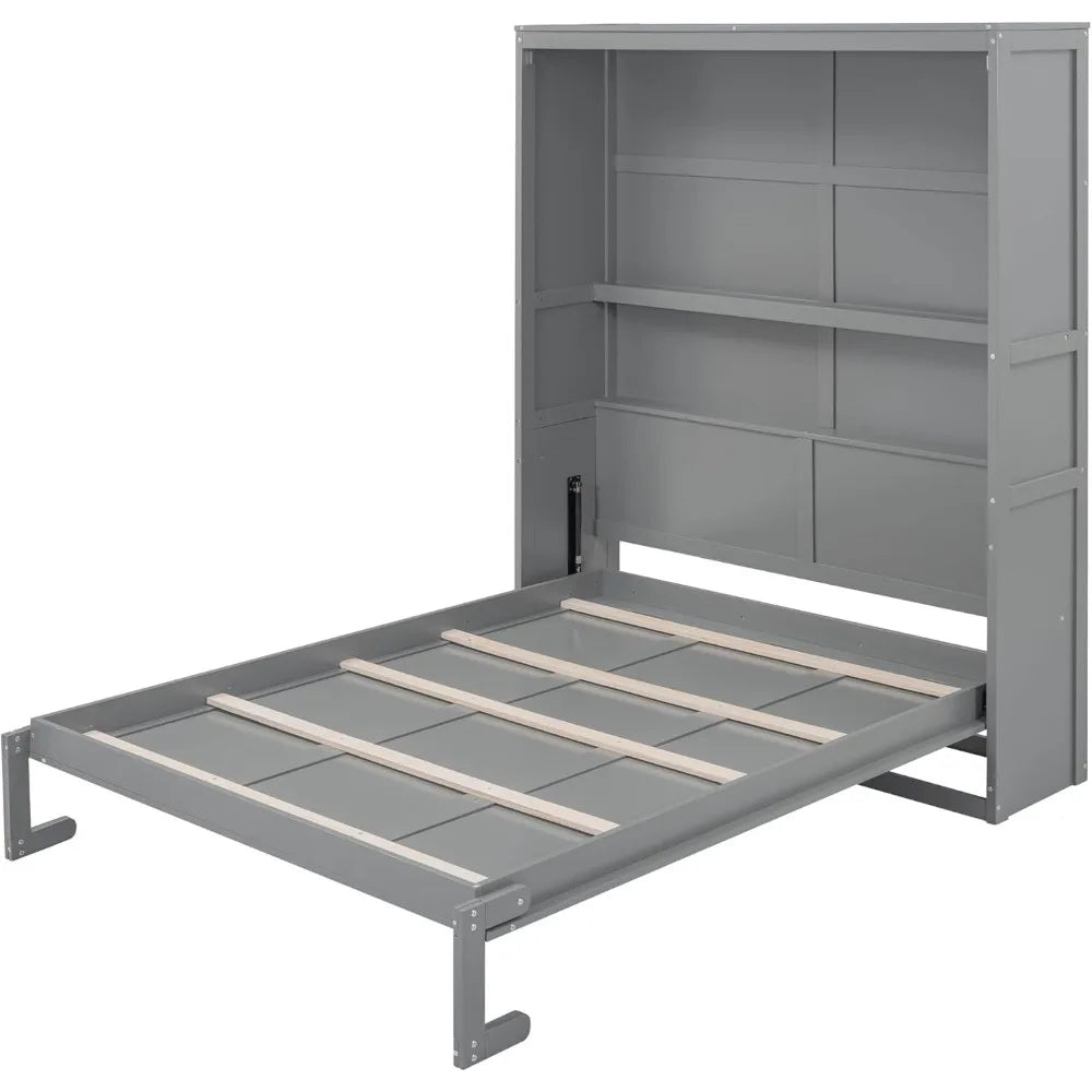 Merax Queen Size Murphy Bed Wood Queen Murphy Cabinet Bed with Shelves Wall Bed for Home Office or Small Room Gray