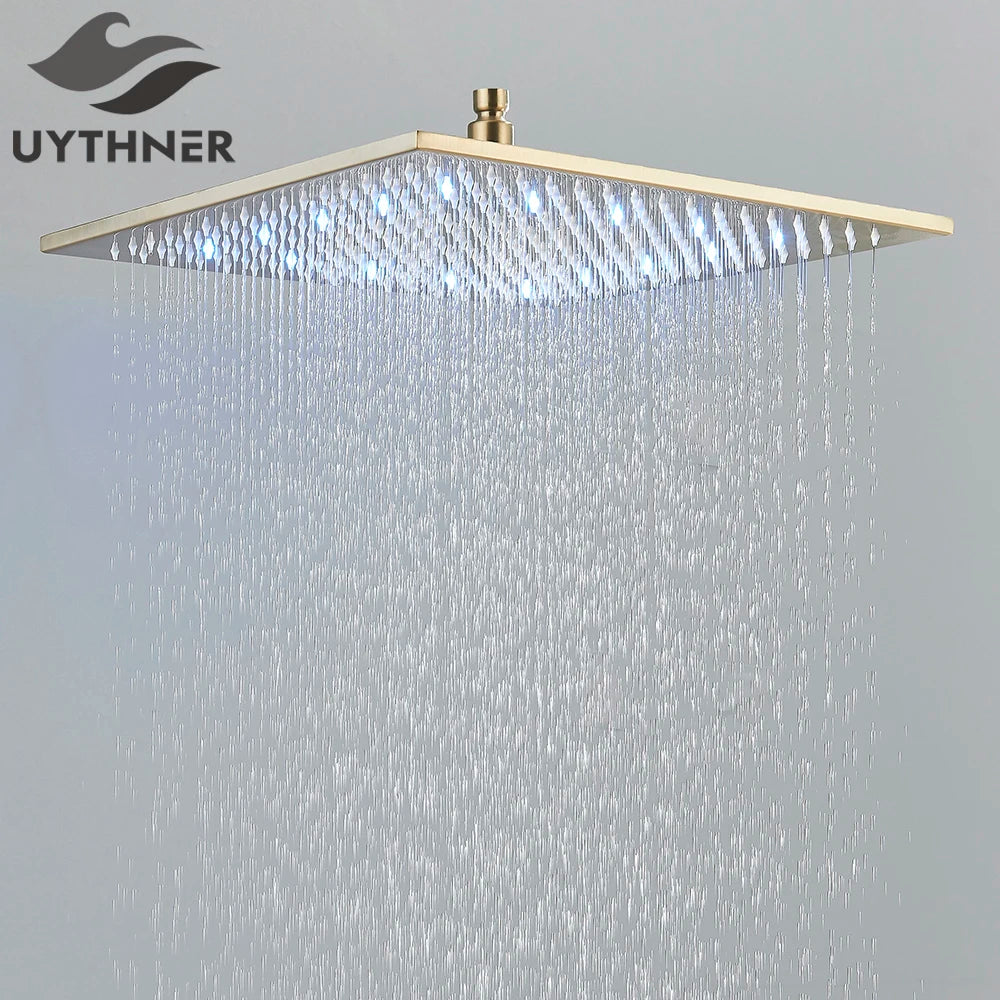 Brushed Nickel LED 16" Rainfall Big Shower Head Stainless Steel Square Color Changing Lights Shower head Shower Sprayer